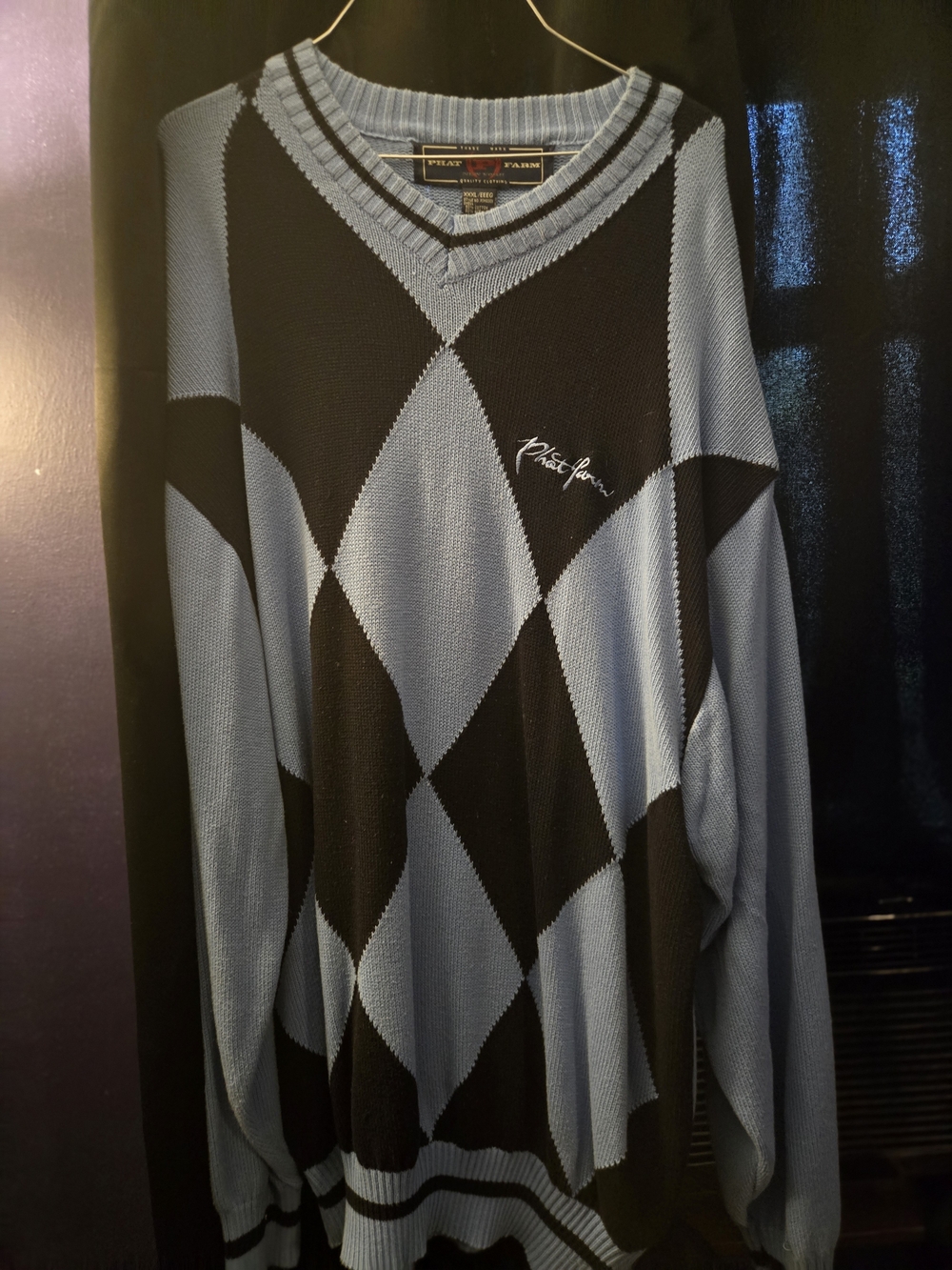 Vintage Phat Farm Men's Argyle V-Neck Sweater in Black and Light Blue